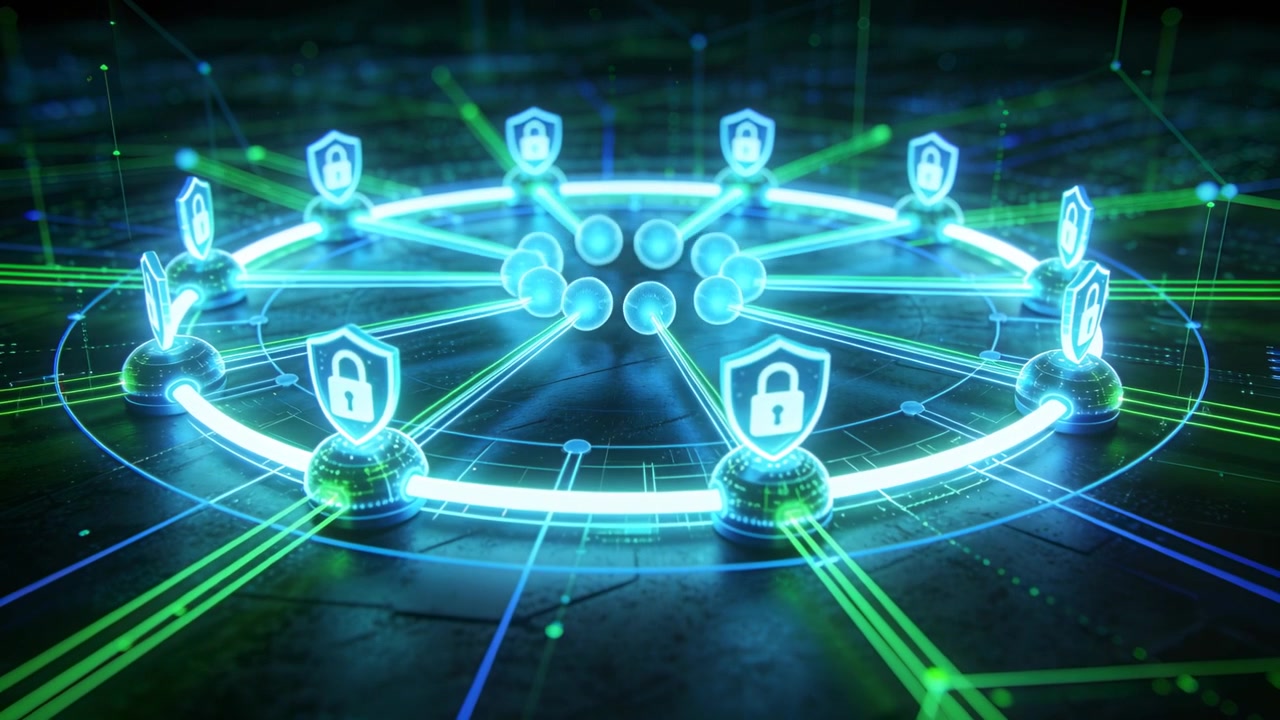 Pulsing neon ring making nodes with shield padlocks sending orbs inward on metal base, locking hub