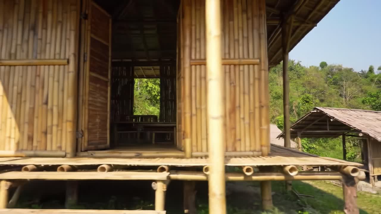This clip showcases a traditional bamboo house nestled in a peaceful countryside location. The structure features unique designs and offers a glimpse into local architecture and lifestyle.