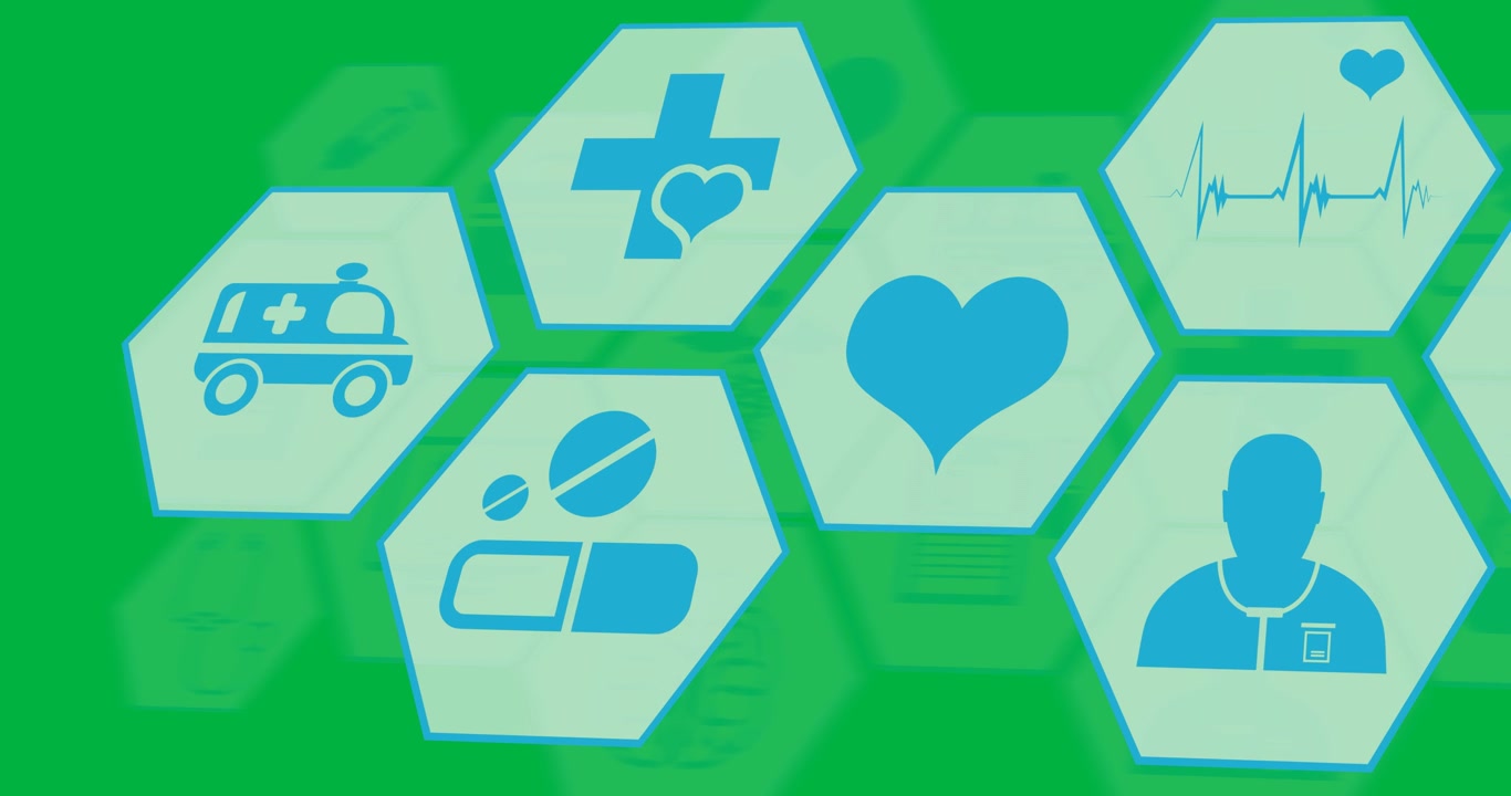 Digital animation of multiple blue medical icons on hexagonal shapes against black background