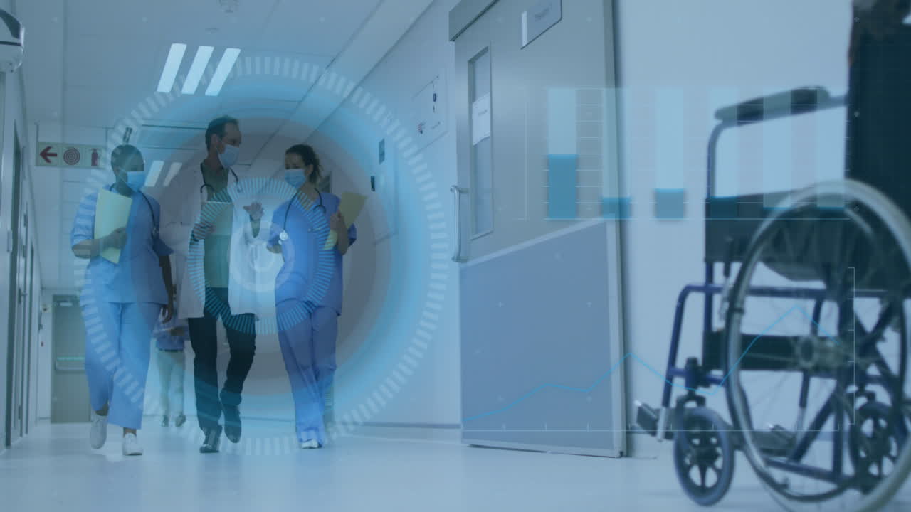 animación de escaneo de alcance sobre diverso personal médico con máscaras faciales en el hospital