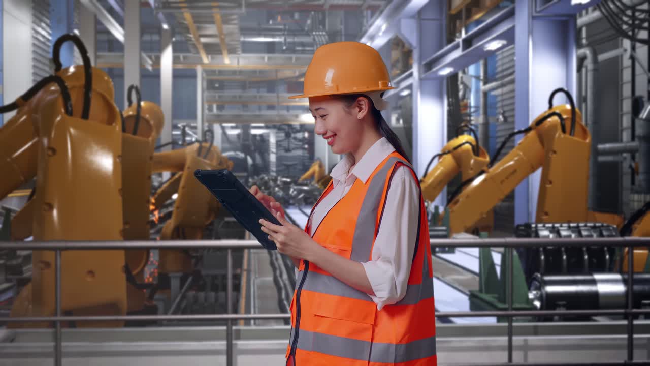 Side View Of Asian Female Engineer With Safety Helmet Working On A Tablet While Standing With Industrial Robotic Arms Working