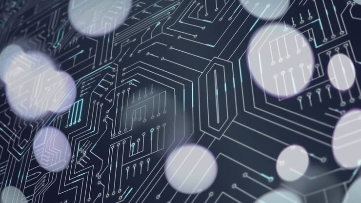 Animation of data processing on glowing computer circuit board