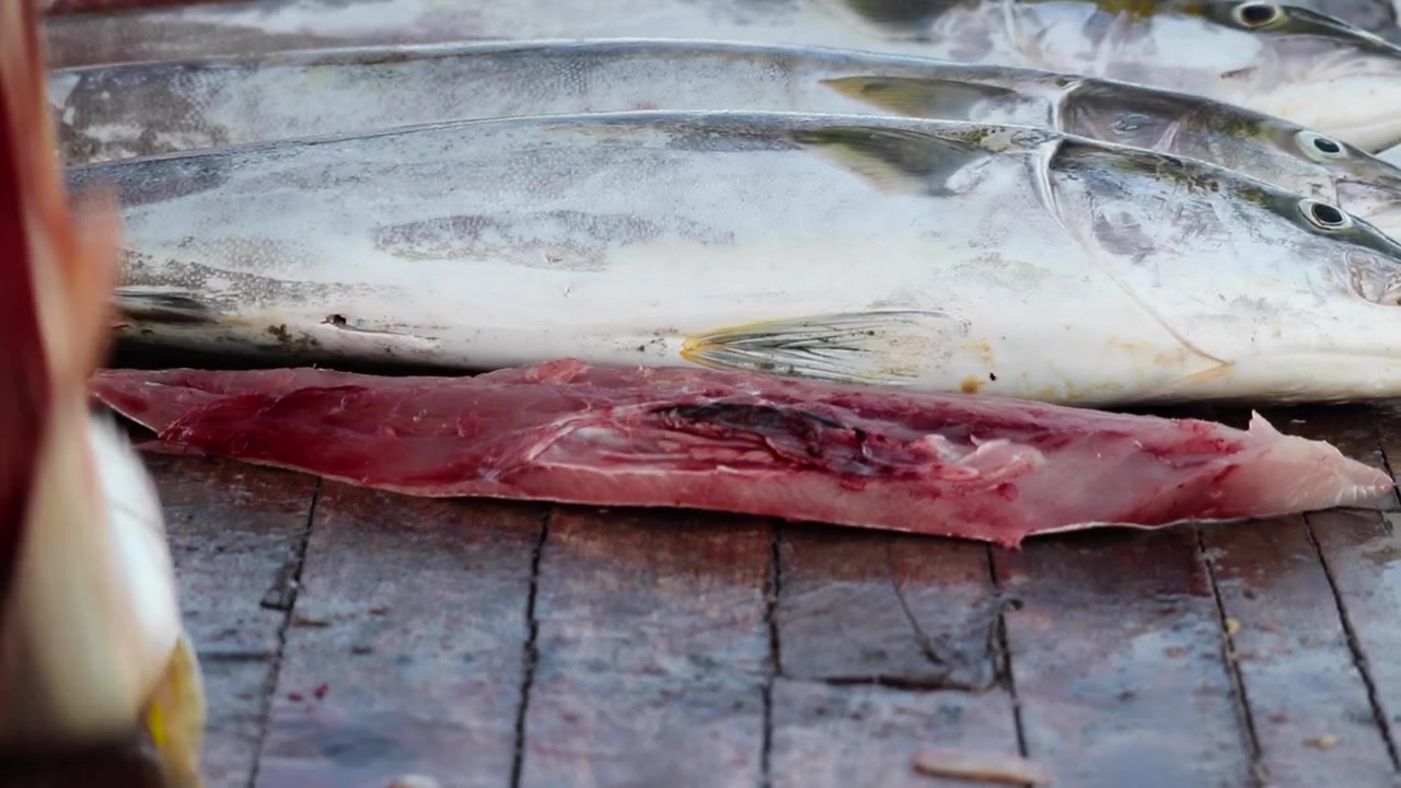 Fishmonger cuts open yellowtail fish as he prepares for customers, handheld