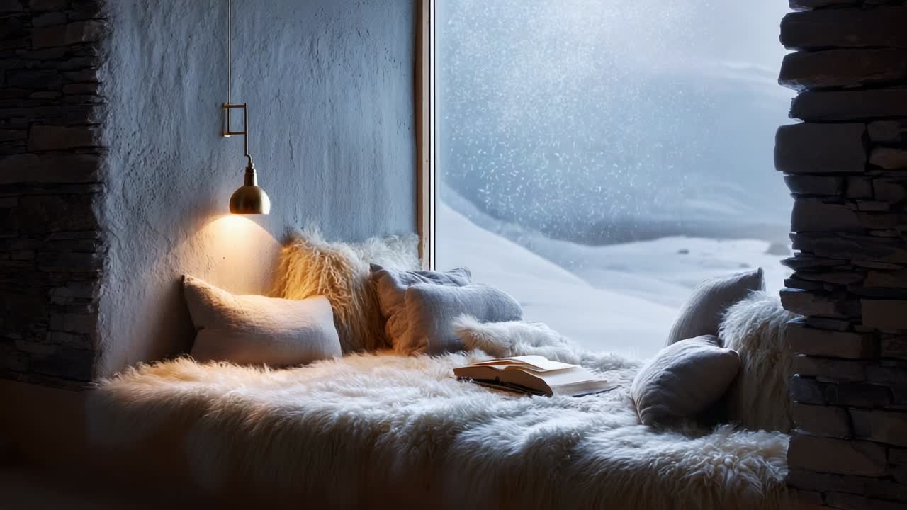CozyNook: A Serene Reading Space by a Frosty Window with Soft Textiles, Ambient Lighting, and a Breath-Taking Winter View Inviting Relaxation and Imagination in a Warm, Tranquil Atmosphere