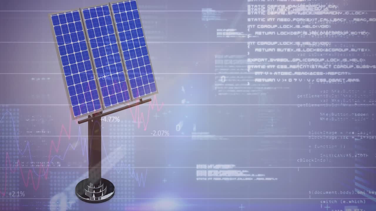 파란색 배경에 있는 태양광 패널과 그리드를 통해 금융 데이터 처리의 애니메이션.