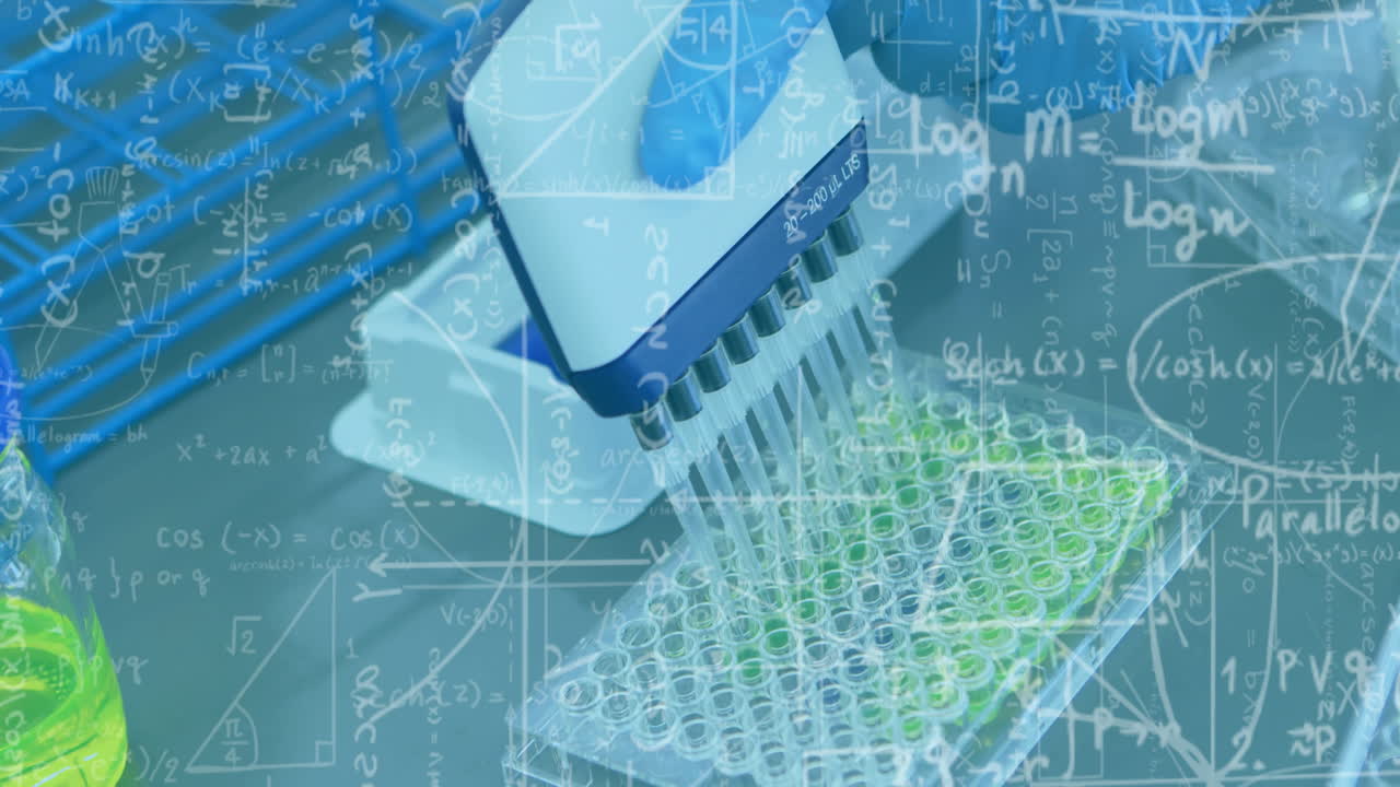 pipeto de líquido en pozos, ecuaciones científicas animación sobre el equipo de laboratorio