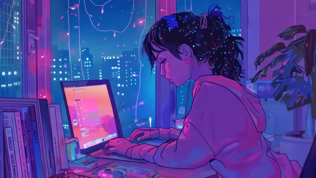 Una scena di arte digitale di una ragazza al laptop, vista da un'angolazione laterale, in una stanza illuminata al neon
