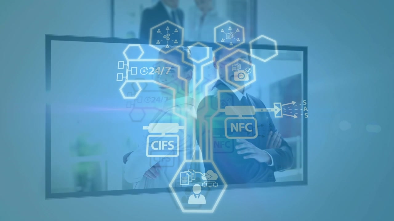 Animation of digital icons with network of connections over business people