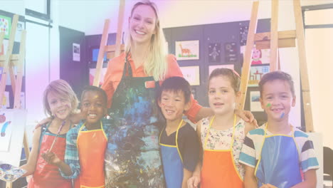 animation of smiling caucasian female teacher painting with diverse schoolchildren