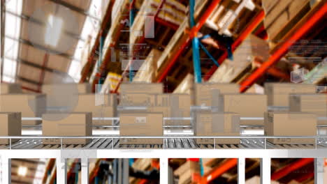 animación del procesamiento de estadísticas sobre cajas de cartón en cintas transportadoras en el fondo