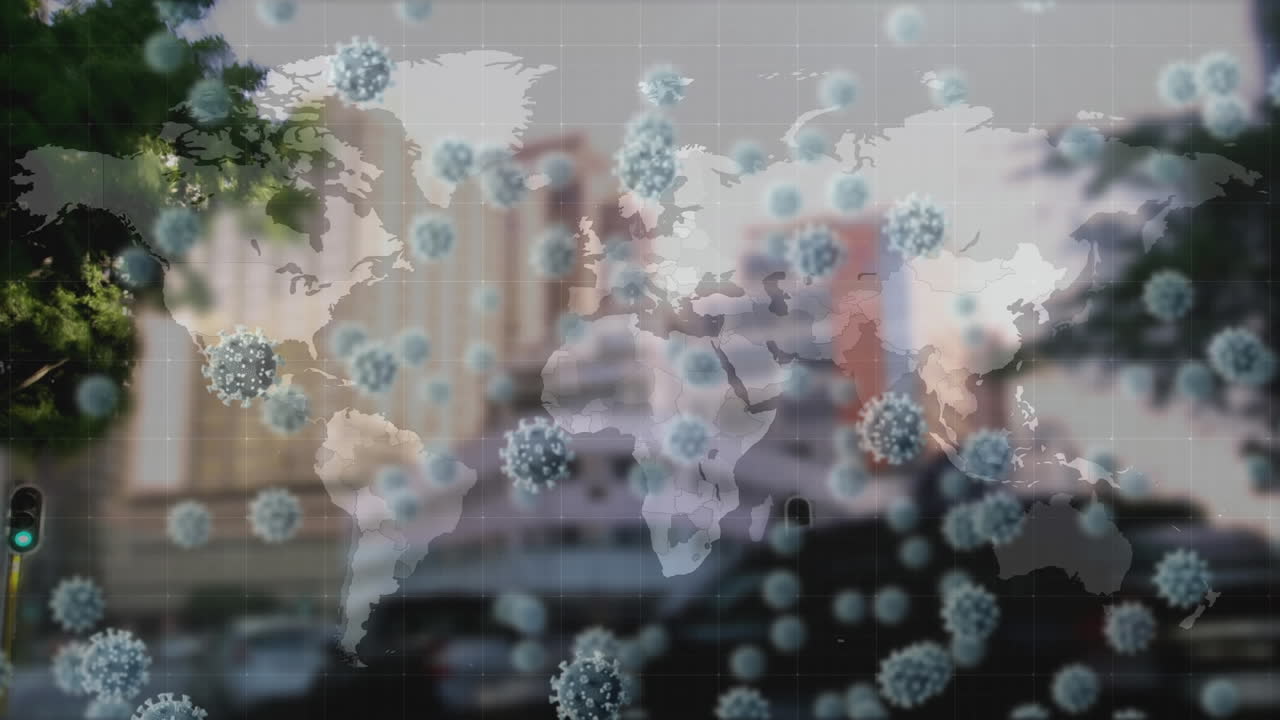 Animation of coronavirus covid19 cells over world map and city on background