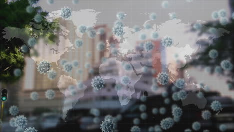 animation of coronavirus covid19 cells over world map and city on background