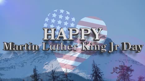 animation of happy martin luther king jr day text over american flag and mountains