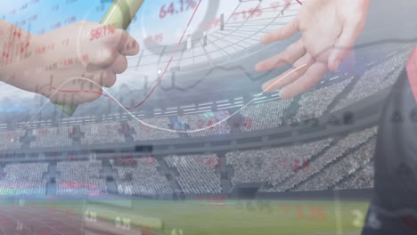 procesamiento de datos del mercado de valores contra el acercamiento de la mano pasando un bastón contra el campo deportivo