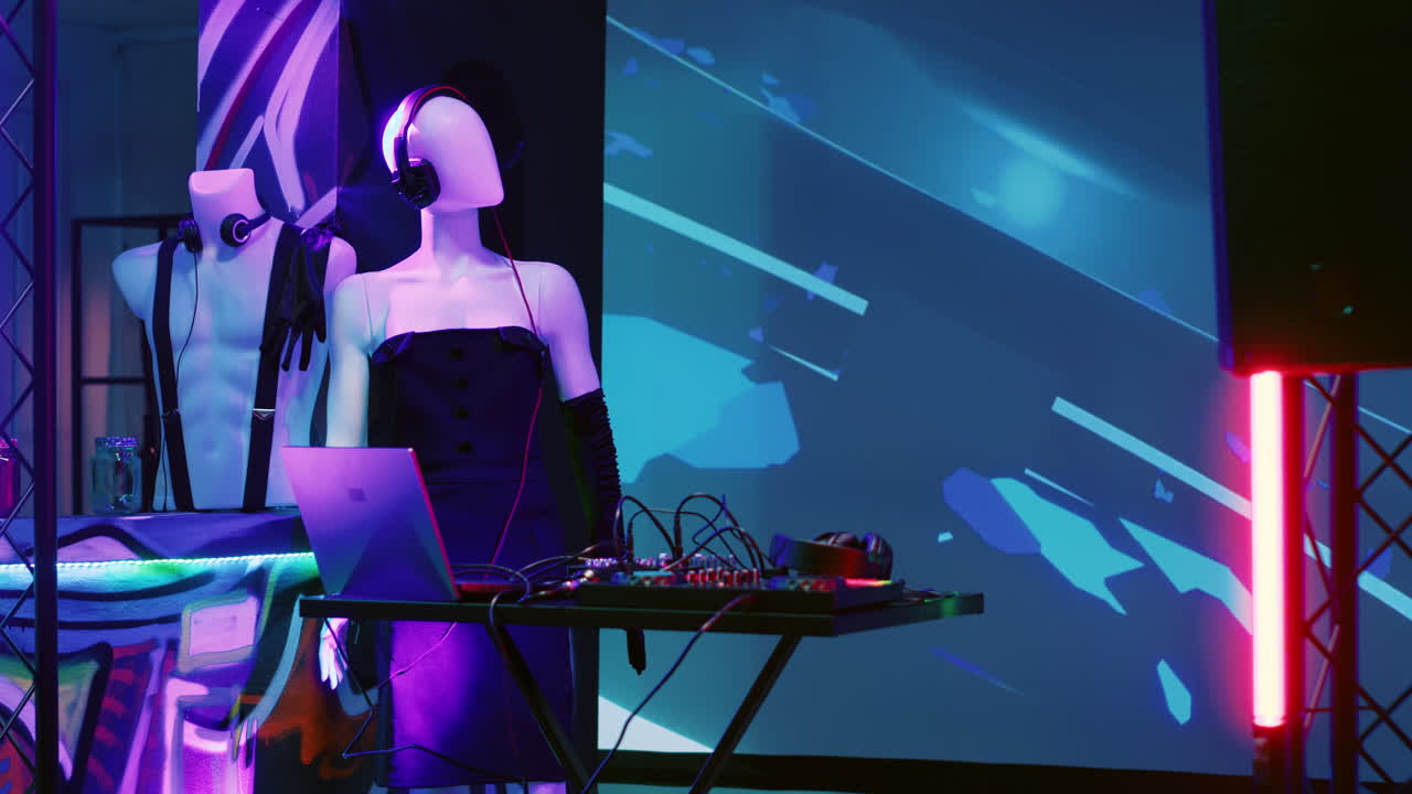 Manichini in un night club con attrezzatura da DJ