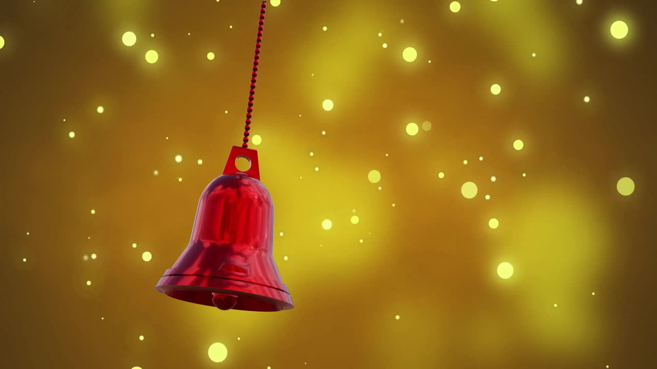 Animation of red bell over light spots on orange background at christmas