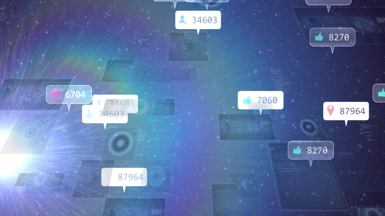 Animation of social media notifications floating over cosmic digital background