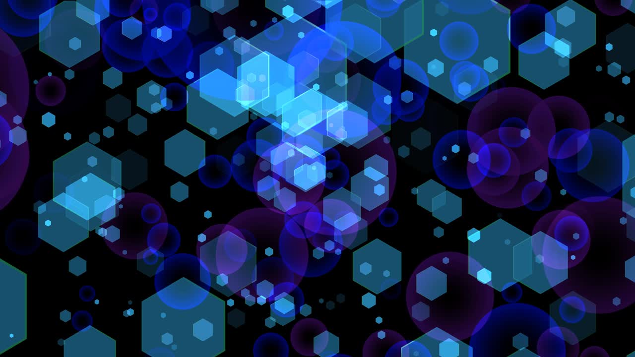 burbujas de color azul púrpura cien hexágono de tamaño múltiple volando movimiento en el fondo de la pantalla negra