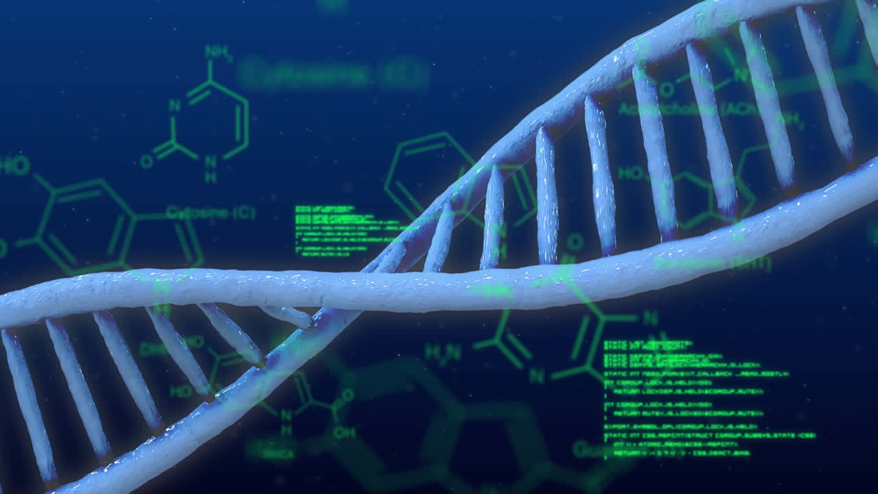 Animation of dna strand over binary coding on blue background