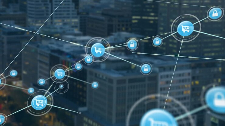 Animazione di rete di connessioni su paesaggio urbano
