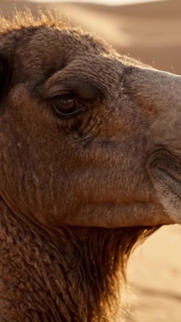 Primo piano accattivante di un cammello tra le sabbie del deserto, che evidenzia le sue caratteristiche uniche e la sua bellezza in un paesaggio naturale incontaminato.