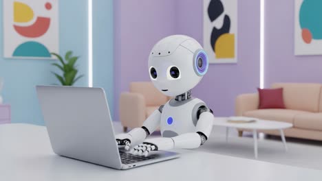 a cute and futuristic robot sitting at a desk, engaged in typing on a laptop in a bright, modern living space with minimalist decor
