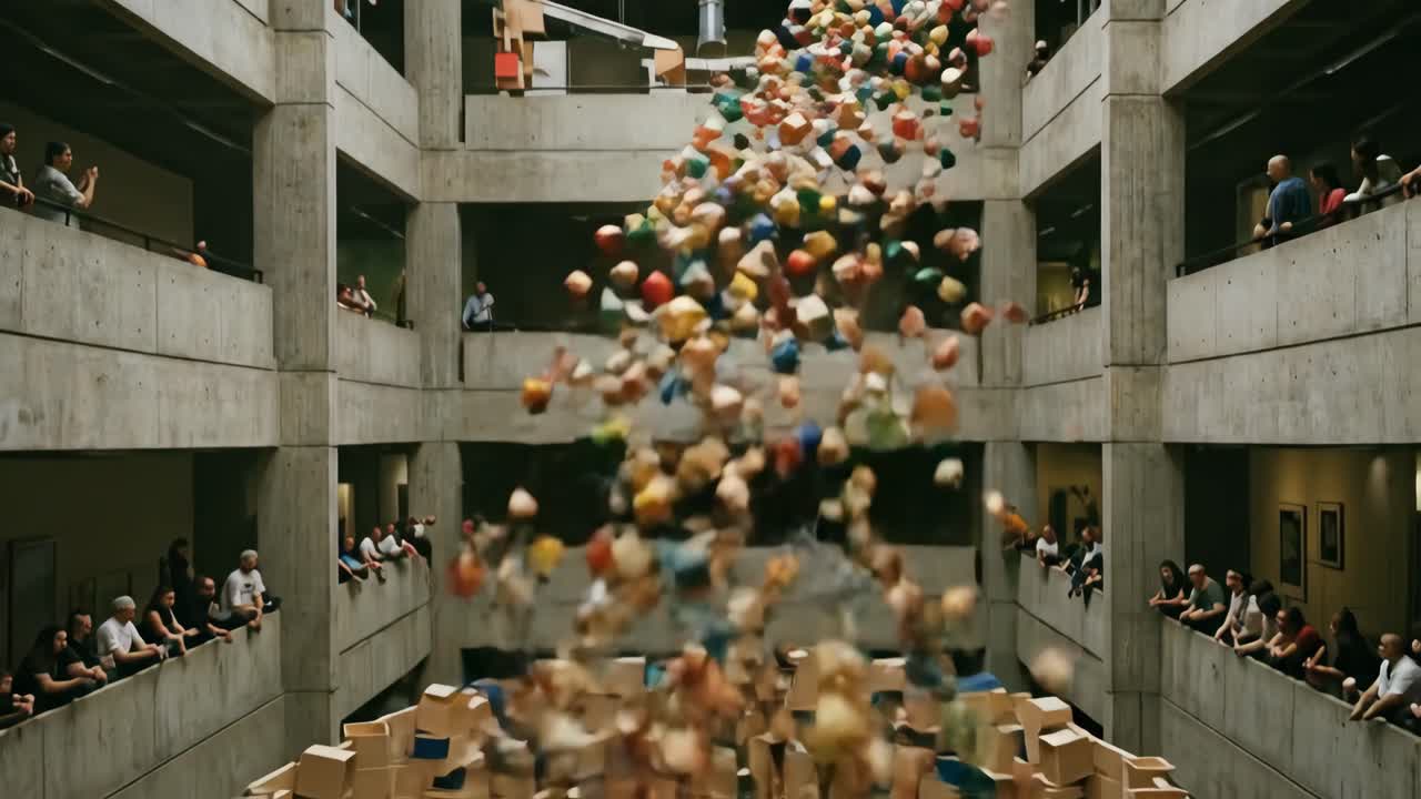 Colorful Geometric Shapes Falling in a Modern Building Atrium with Spectators