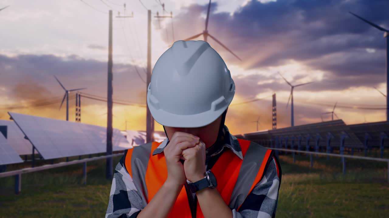 Close Up Of Asian Male Engineer With Safety Helmet Pray For Something While Standing With Solar Panel and Wind Turbines