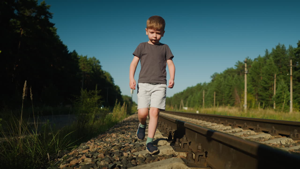 Young boy in gray t-shirt and light shorts walking carefully along gravel beside railway track under clear blue sky with forest trees and electric poles in background on bright sunny day