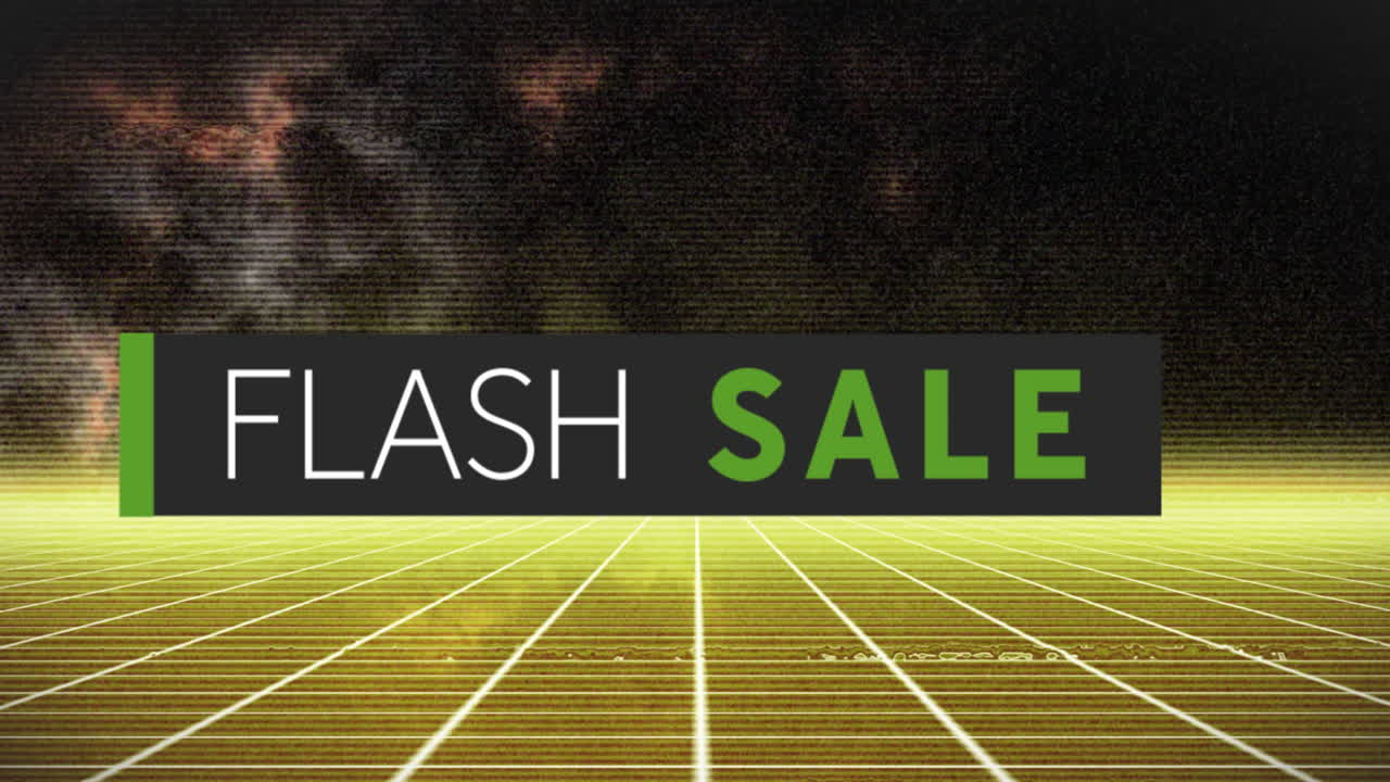 animación de texto de venta en flash sobre cuadrícula sobre fondo negro