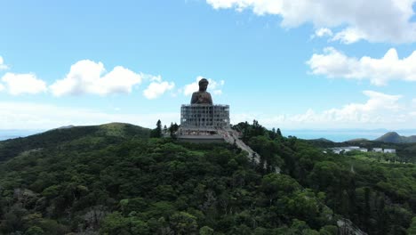 Hong-Kong-Nong-Ping-big-Buddha-and-surrounding-lush-green-environment,-Aerial-view