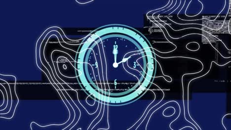 animation of clock moving fast and data processing with topographic map lines on blue background