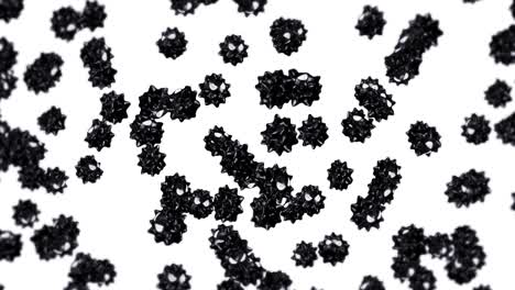 volando muchos virus en personaje de dibujos animados en fondo blanco. concepto médico. divertida mascota de virus negro con enojado. animación de bucle 3d.