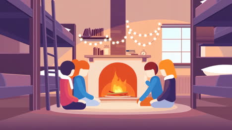 People sitting around a fireplace in a dorm room