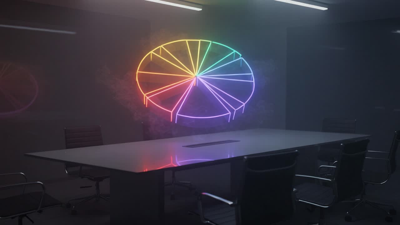 A Modern Conference Room with a Stunning Neon Art Installation: A Colorful Geometric Design Illuminating a Minimalist Workspace