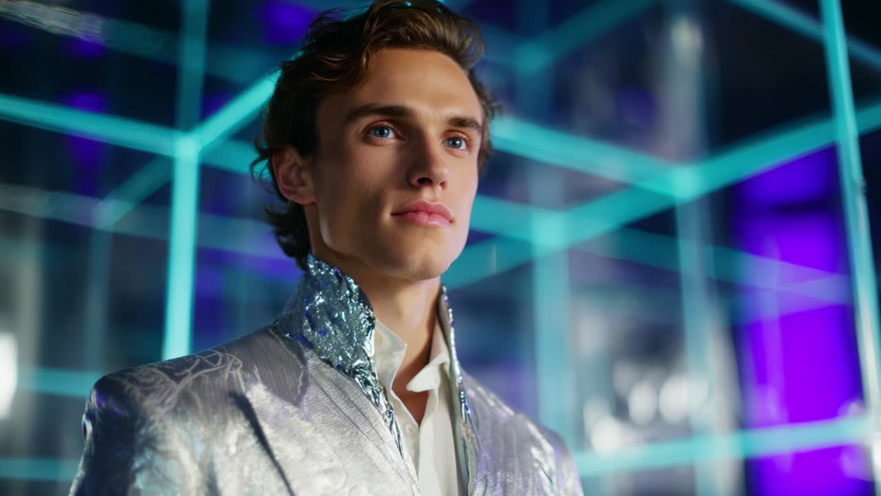 A poised young man in an elegant silvery outfit stands confidently amidst a vibrant, modern backdrop featuring neon blue and purple tones, capturing a moment of style and sophistication