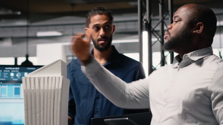 Two men discussing a building model
