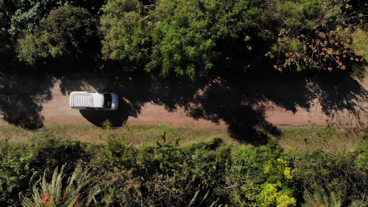 Buenos Aires ekolojik rezervinde ağaçlarla çevrili bir caddede hareket halindeki bir minibüsün kuşbakışı görüntüsü, doğa ve şehir yaşamının hareket halindeki uyumlu karışımını gözler önüne seriyor