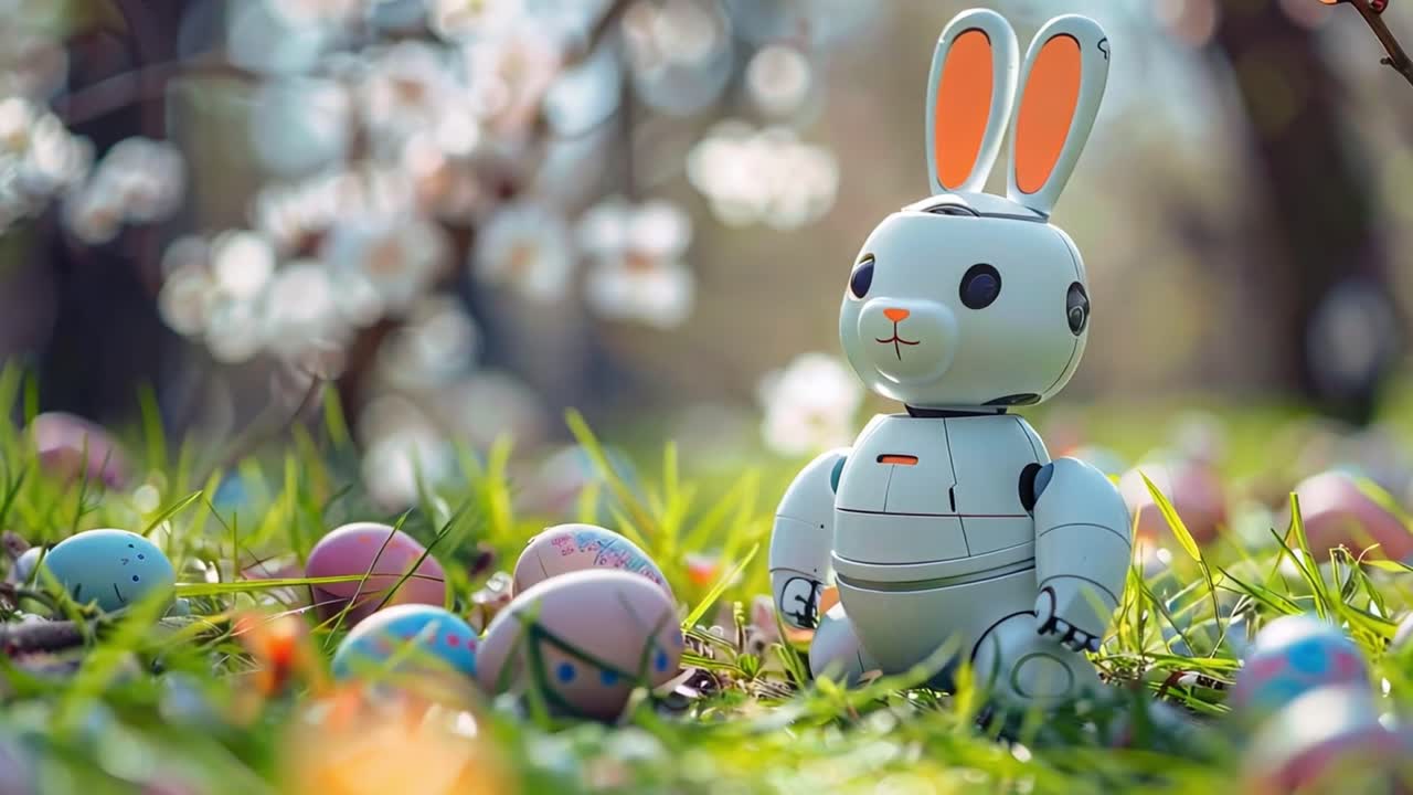 Robot Bunny with Colorful Easter Eggs in a Spring Garden