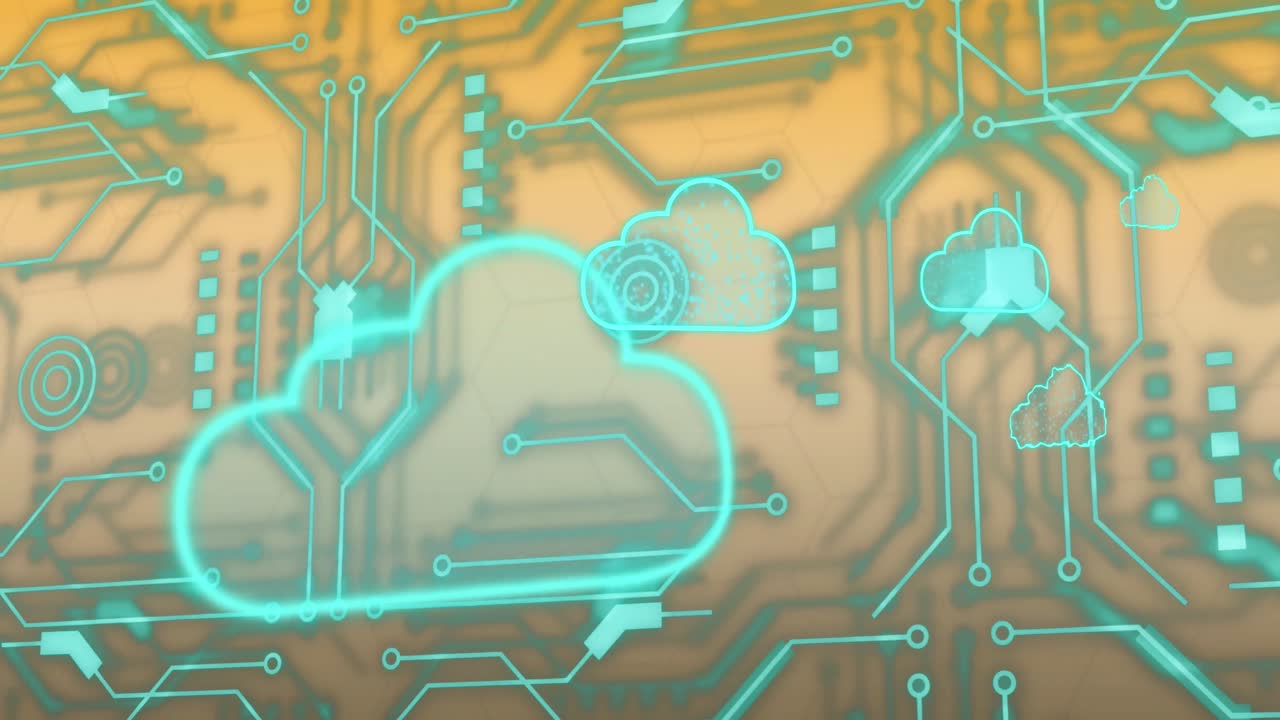 animación de iconos de nubes y procesamiento de datos a través de placas de circuitos