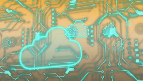 Animation-of-cloud-icons-and-data-processing-over-circuit-board