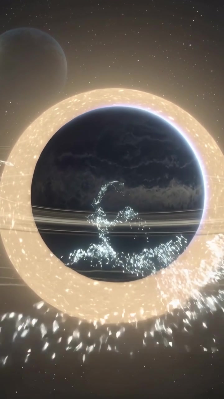 Vertical video: Making gold halo ring world in space, streams tracing rings, upper-left body seen