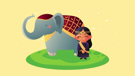 asian culture girl and elephant animation