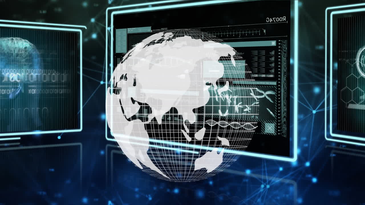 Screens with data processing and spinning globe