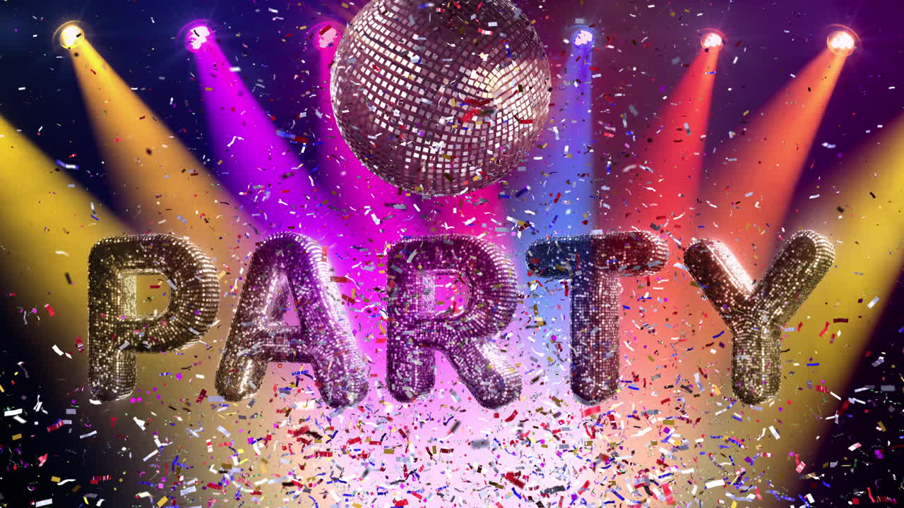 Animierter Party-Text mit Discokugel und fallendem Konfetti