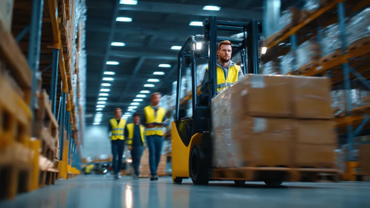 Logistica di magazzino efficiente in azione: un operatore di carrello elevatore manovra in un magazzino affollato, gestendo abilmente i pallet mentre i colleghi lavorano strategicamente al suo fianco, garantendo operazioni senza interruzioni.