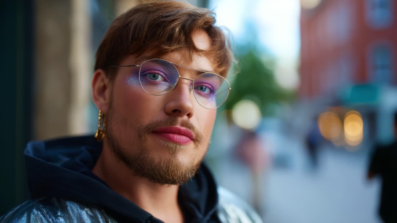 A Close-Up Portrait of a Stylish Individual with Vibrant Makeup and Accessories in a Urban Setting, Capturing a Unique Fashion Statement and Personal Expression