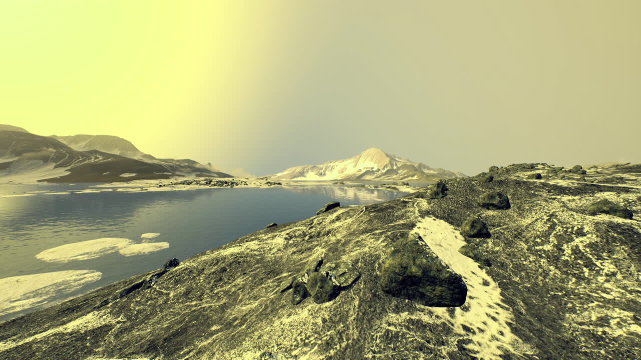 Tranquil landscape with mountain and icy lake at sunrise in remote area