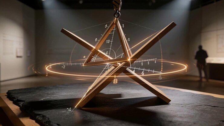 Rotating wooden geometric sculpture after digital ring glow on plinth in gallery, tracking angles
