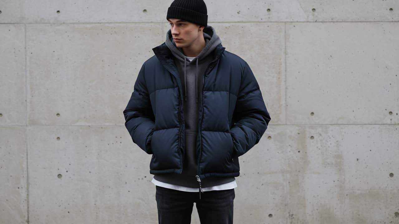 A Young Man in a Stylish Puffer Jacket and Beanie Poses Against a Minimalist Concrete Wall, Showcasing a Trendy Urban Fashion Look